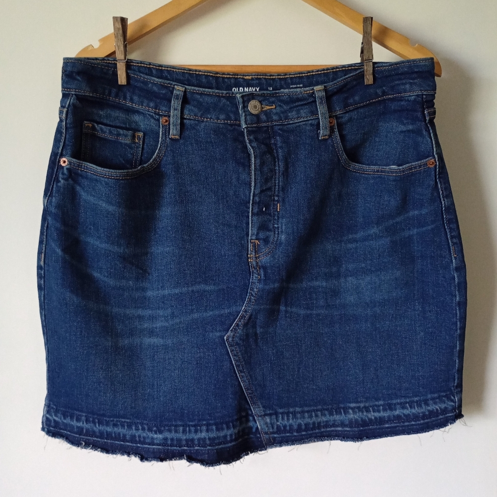 Old Navy Dark Blue Denim High Rise Mini Skirt Size 12 EUC